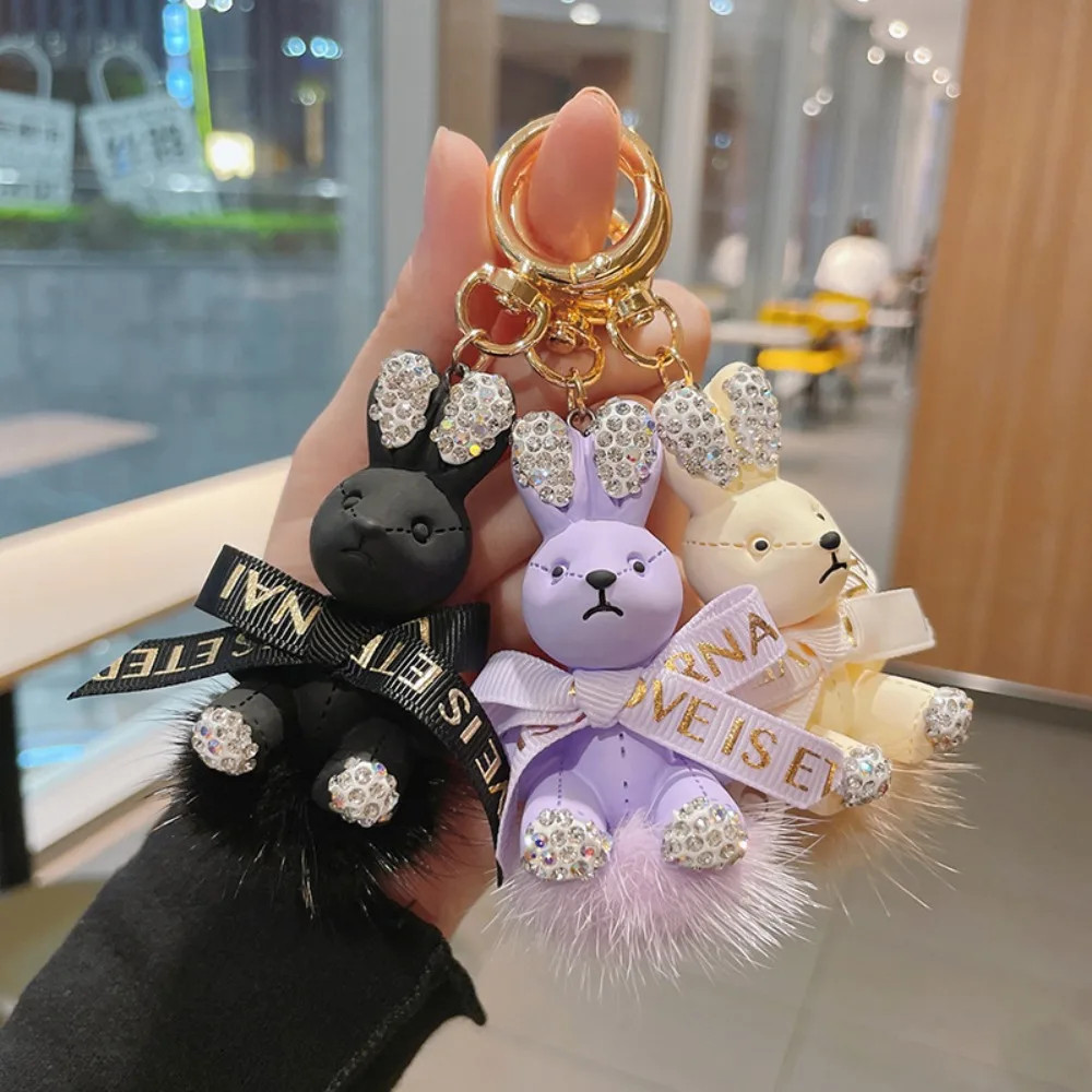

Cute Cartoon Crystal Bow Rabbit Keychain Soft Mink Pompon Doll Keyring for Women Girls Jewelry Accessories