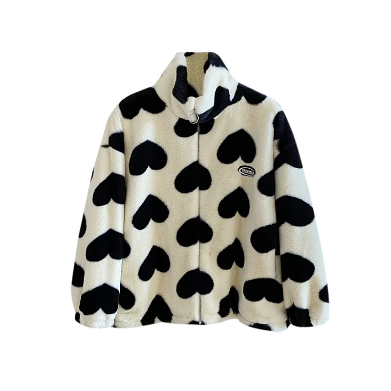 

2022 New Women Winter Warm Faux Fur Coat Thick Women Jackets Coat Stand Collar Heart Print Velvet Coat Casaco Feminino