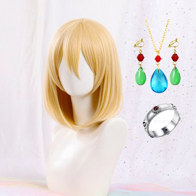 

Anime Howl's Moving Castle Wizard Howl Cosplay Wig Short Blonde Yellow Hair Wigs Cosplay Ring Earrings Necklace + Wig Cap