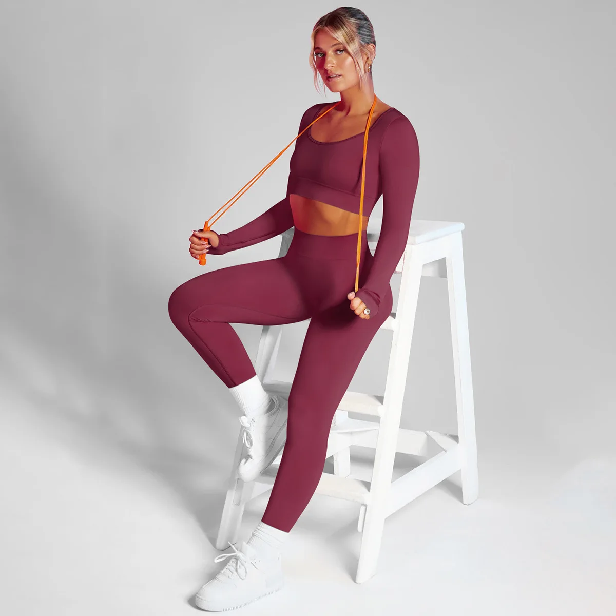 

CXUEY Low Neck Long Sleeves Gym Yoga Wear Women Fitness Suit Sport Outfit Seamless Workout Clothes for Women Sportswear 2 Piece