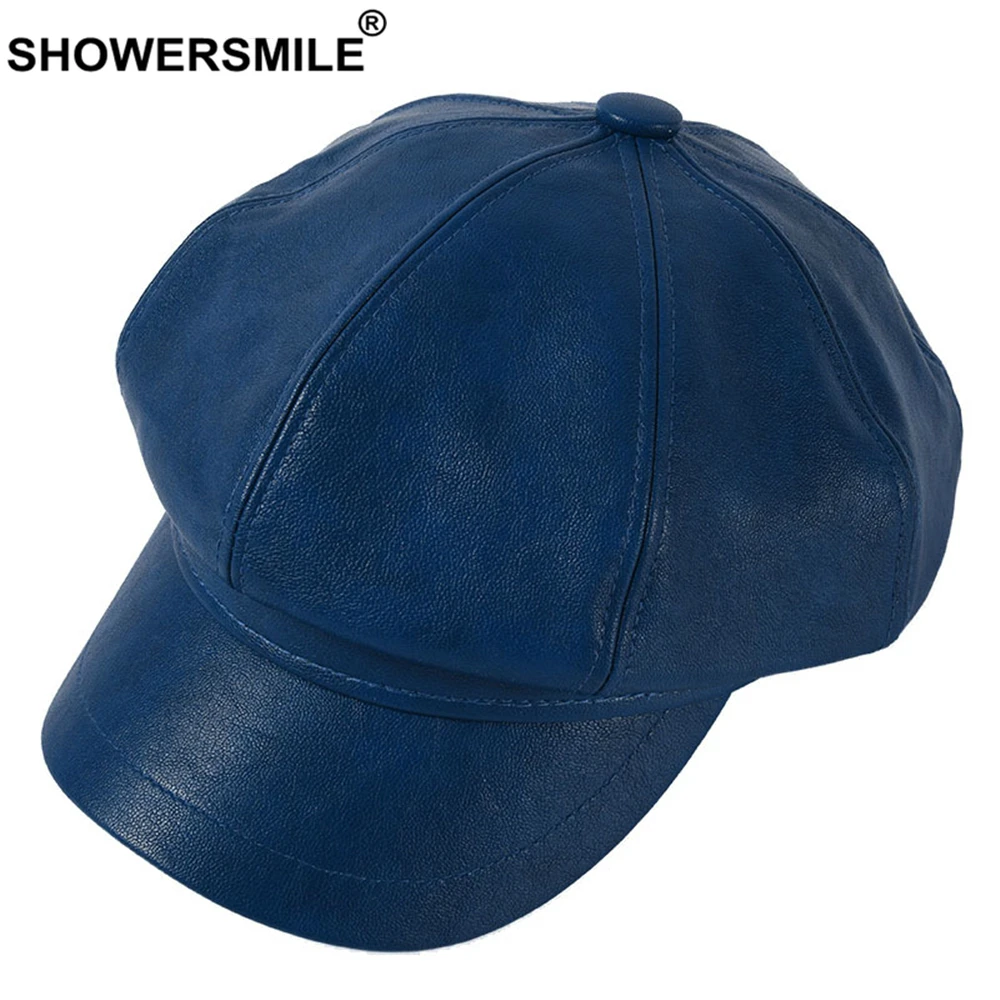 SHOWERSMILE Синяя кожаная кепка газетчика винтажная шляпа для женщин однотонный берет