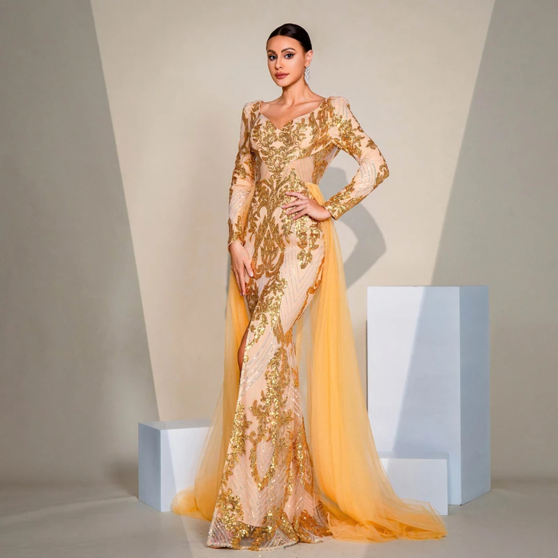 Роскошное вечернее платье Vestido De Festa женское с длинным рукавом и v-образным