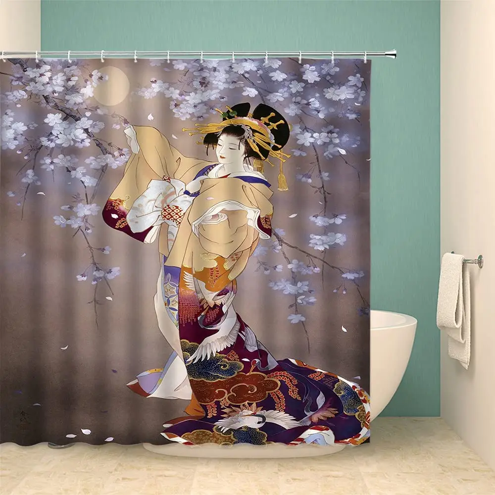 

Japan Shower Curtain Young Geisha In Kimono with Sakura Traditional Oriental Costume Makeup Cloth Fabric Bathroom Decor Set Hook