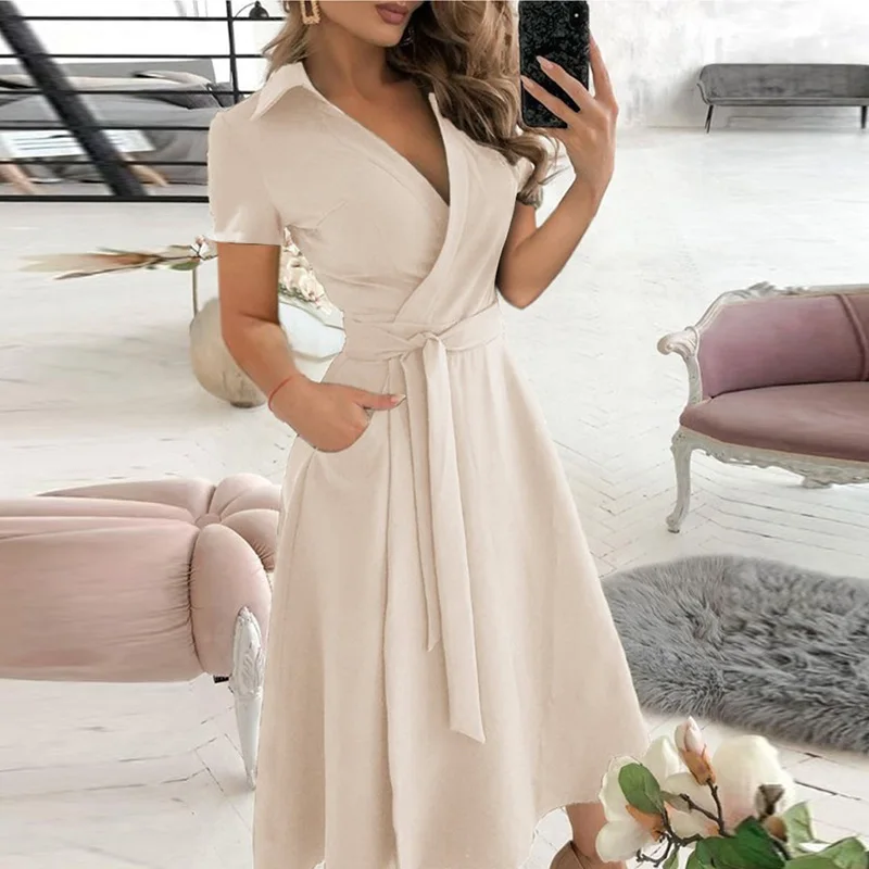 

Women Casual Turn-Down Collar Belt Dress Sexy V Neck Slim Solid Long Party Dress XXL Summer Office Lady Elegant Sleeveless Dress
