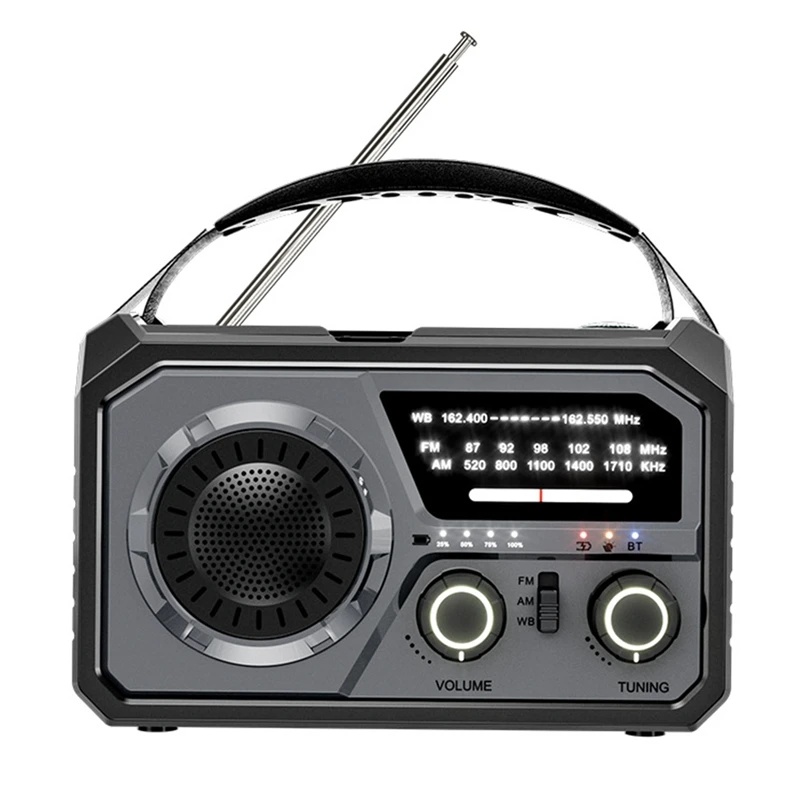 Аварийное радио H21 Bluetooth 5 3 с рукояткой солнечное NOAA/AM/FM фонариком SOS Alert 16000 мАч