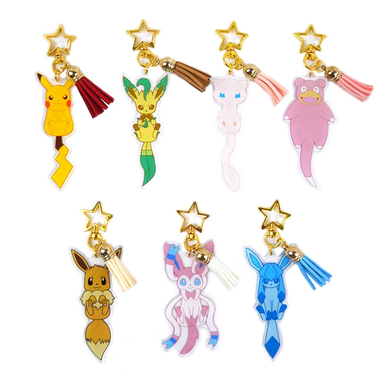 

Pokemon Keychain Cute Tassel Decoration Pikachu Anime Acrylic Cartoon Keyring Pendant Eevee Mewtwo Sylveon Gengar Keychains Gift