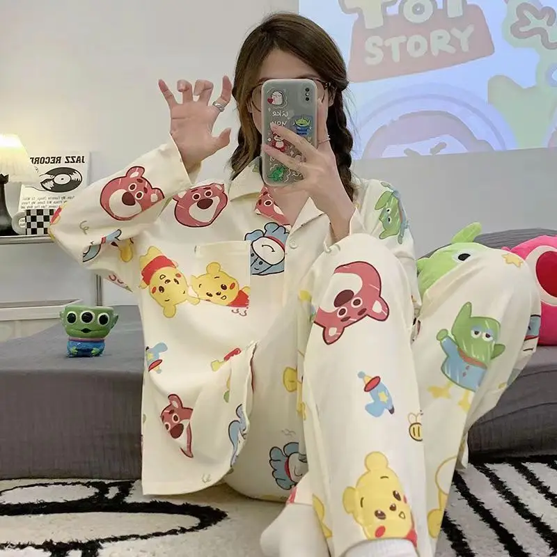Nightgown for Women 2 Piece Long Sleeve Homesuit Kwaii Anime Pajamas Young Ladies Party Cozy Spring Autumn Home Clothes Bear