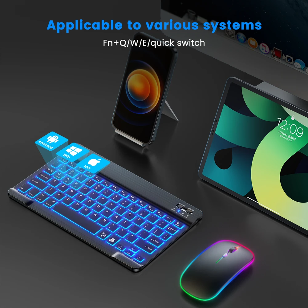 Mini Wireless Keyboard And Mouse Bluetooth Led Spanish Russian Rechargeable Backlit Keyboards For Ipad Tablet Phone |