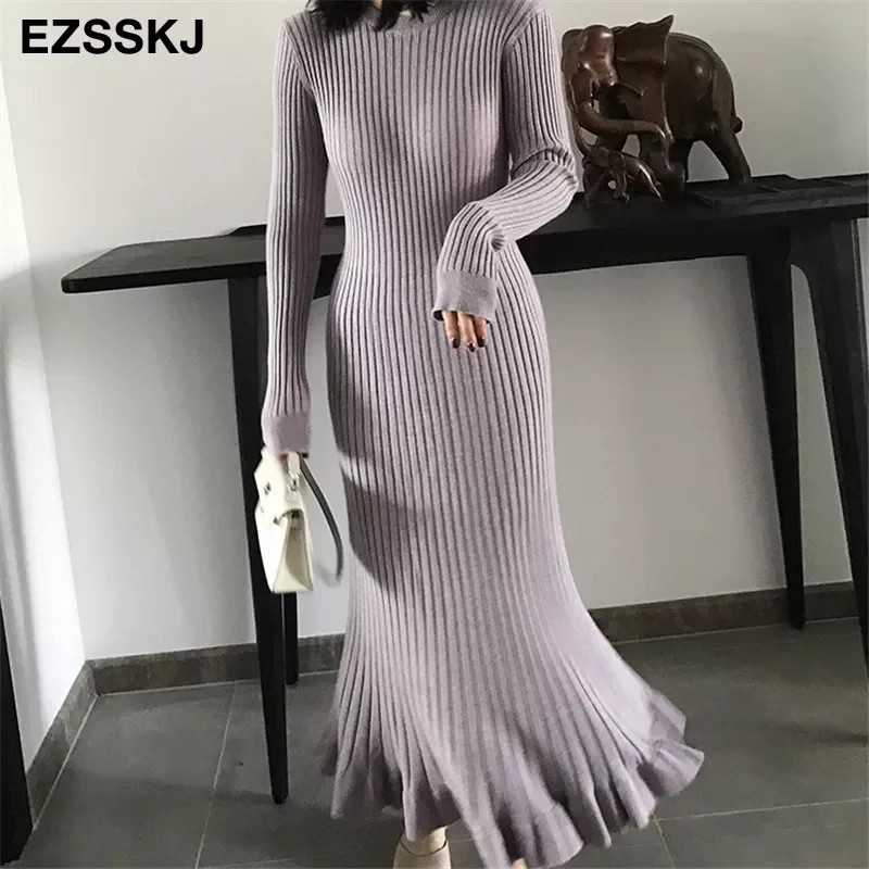 

2022 autumn winter thick mermaid maxi sweater dress women o-neck long sweater dress elegant female a-line slim sexy knit dress