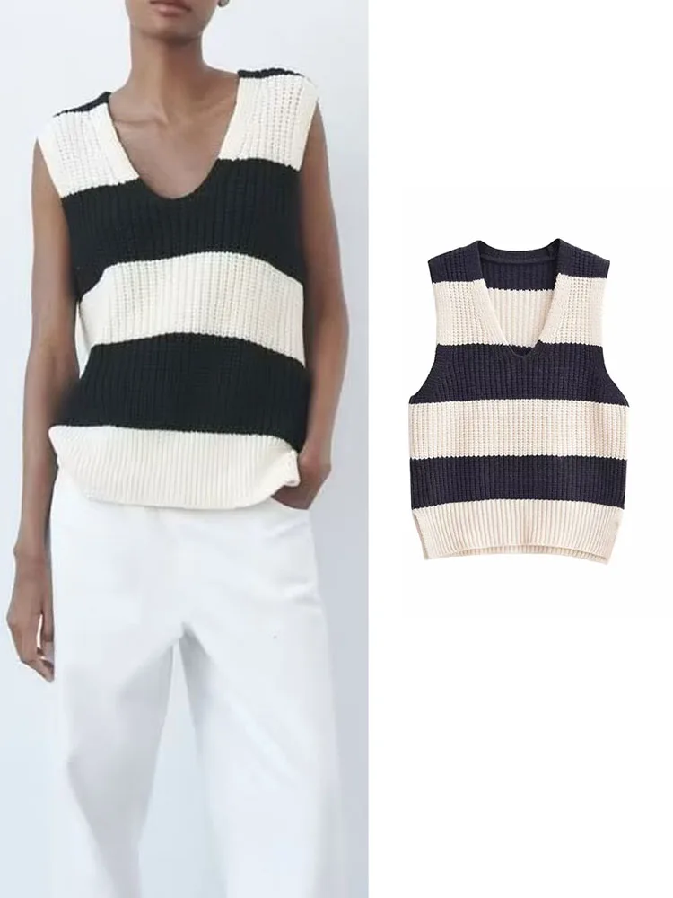 

Женский трикотажный жилет в полоску, без рукавов, с V-образным вырезом