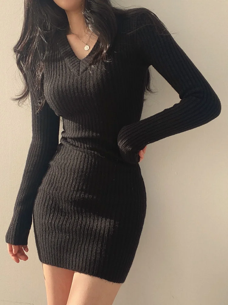 

QWEEK Black Knitted Sweater Dresses for Women 2022 Autumn Vintgae Bodycon Wrap Dress Korean Kpop Robe Female Knitwear Fall