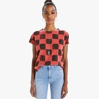 big name summer new cotton plaid short sleeved t shirt womens high quality round neck casual red and blackcheckerboardplaid top