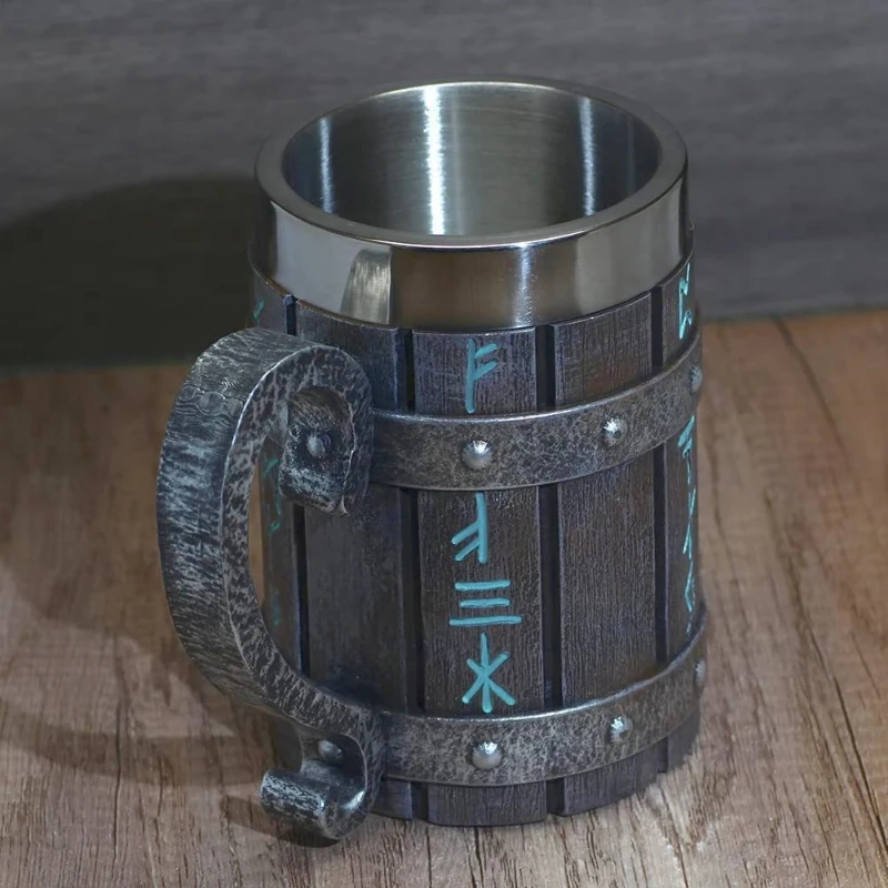 

Imitation 3D Oak Barrel Beer Mug Vintage Resin Stainless Steel Tea Drink Cup Resin Imitation Wooden Texture Mugs Coffee Cups