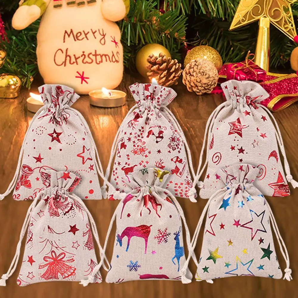 

1Pc Burlap Christmas Gift Bag Jewelry Packaging Bags Cookies Candy Drawstring Wrapping Bags 10x14cm Wedding Party Decoration