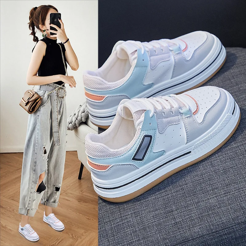 

Кроссовки женские из дышащей кожи, толстая подошва, плоская подошва, скейтборд, платформа, Повседневная модная массивная обувь для девушек