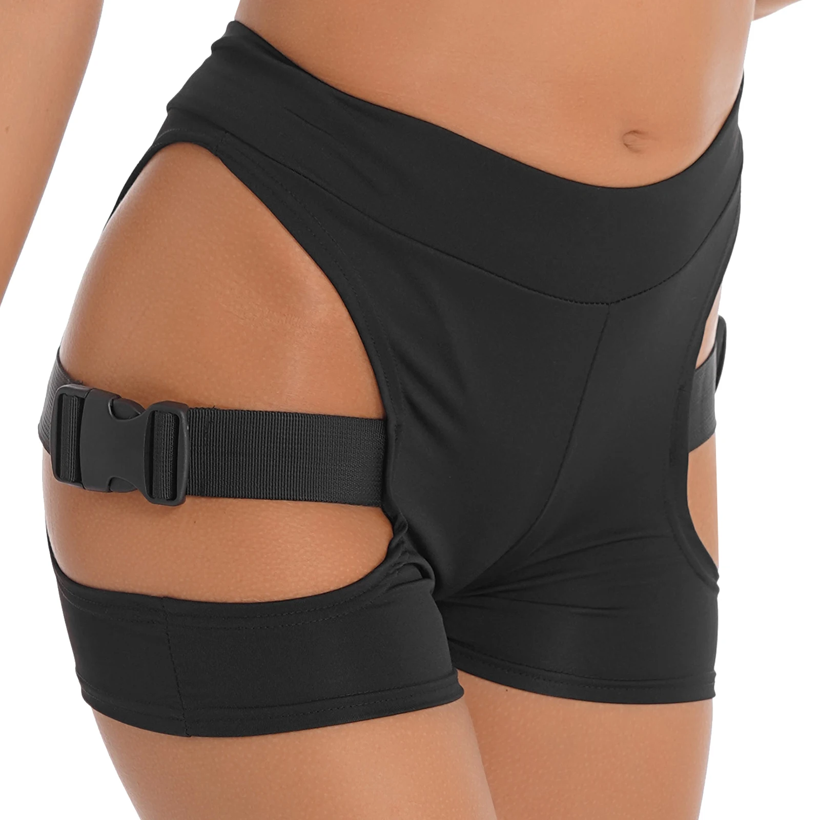 Black Women Sexy Hollow Out Cutout Side Gym Fitness Shorts Plastic Release Buckles Designed Shorts Fashion Hot Pants Clubwear