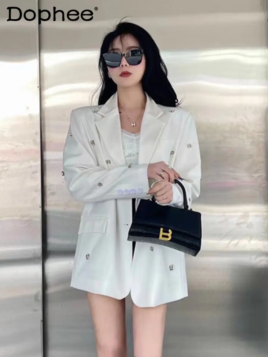 Heavy-Duty Letter Rhinestone Black Suit Jacket for Women Spring Autumn Leisure 2023 New High-Grade Suit Blazer Coat Top Commuter