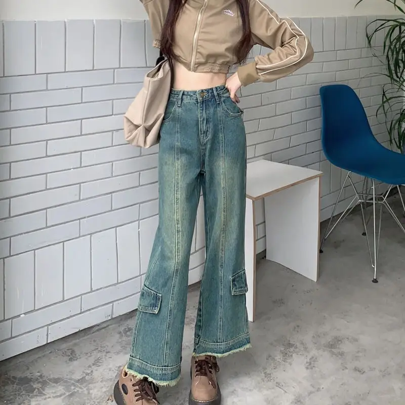 

Женские свободные джинсы с завышенной талией, винтажные повседневные Прямые брюки с широкими штанинами, модель A176 в Корейском стиле на весну и осень