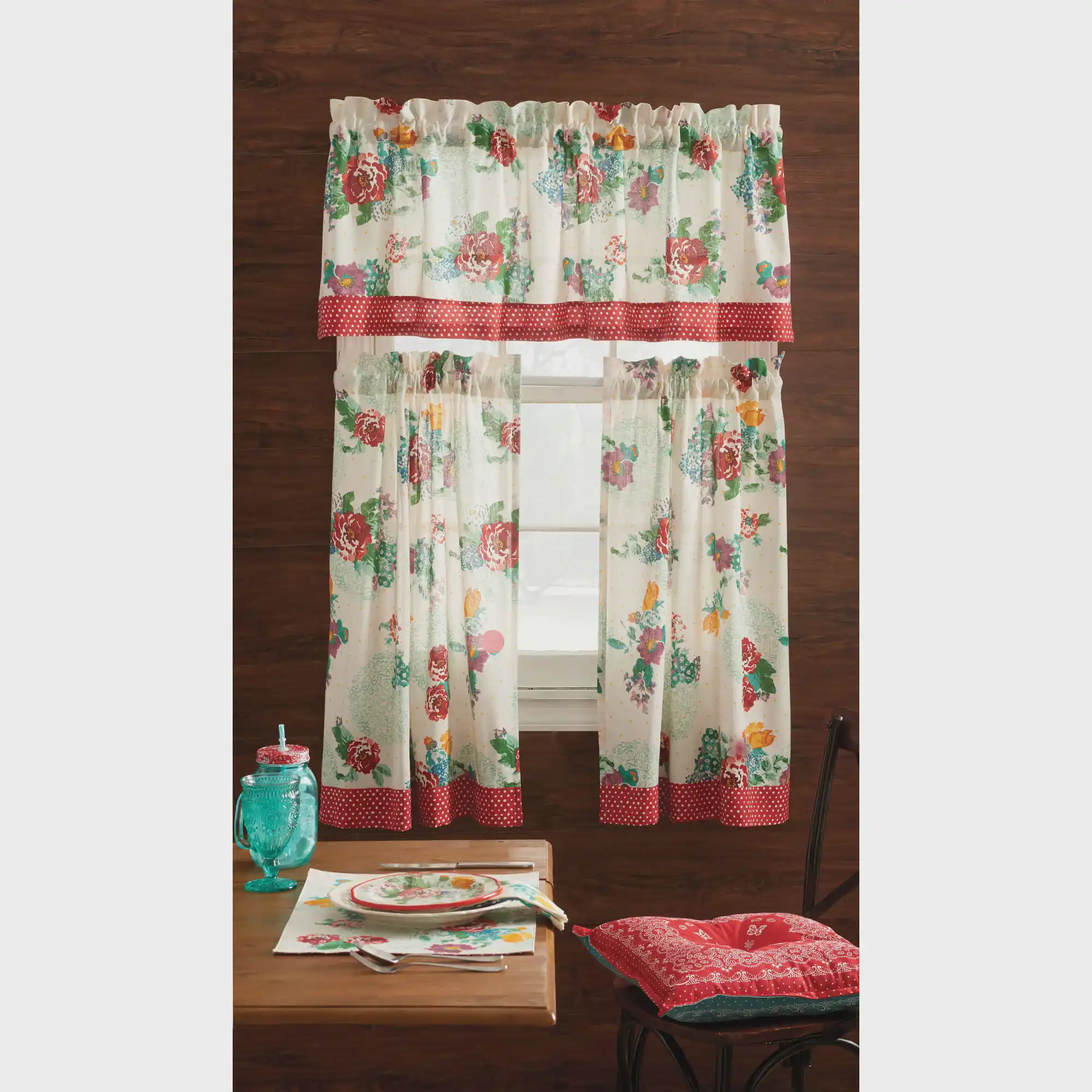 Country Garden Curtain and Valence Set, Multicolor, 30"W x 60"L, 3 Piece
