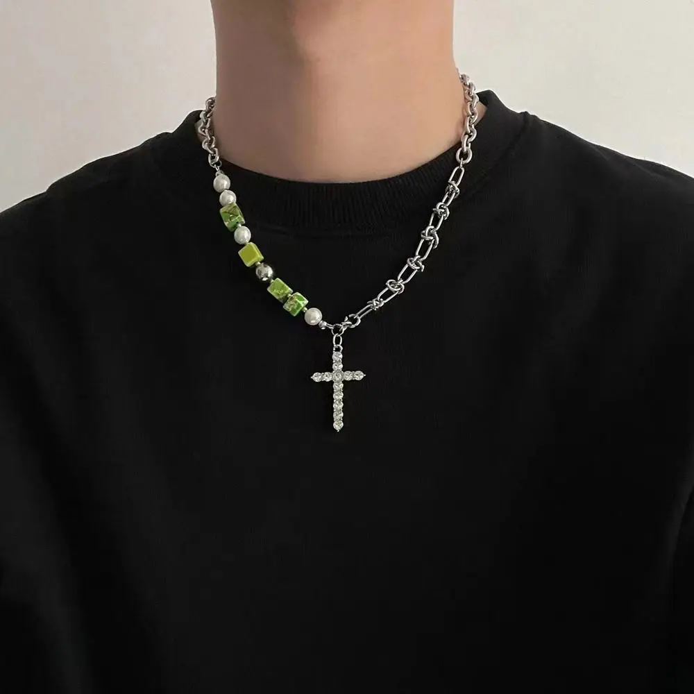 

1 PC Vintage Beads Cross Pendant Necklace Men Women Hip-hop Titanium Steel Sweater Chains Tide Charm Fashion Jewelry