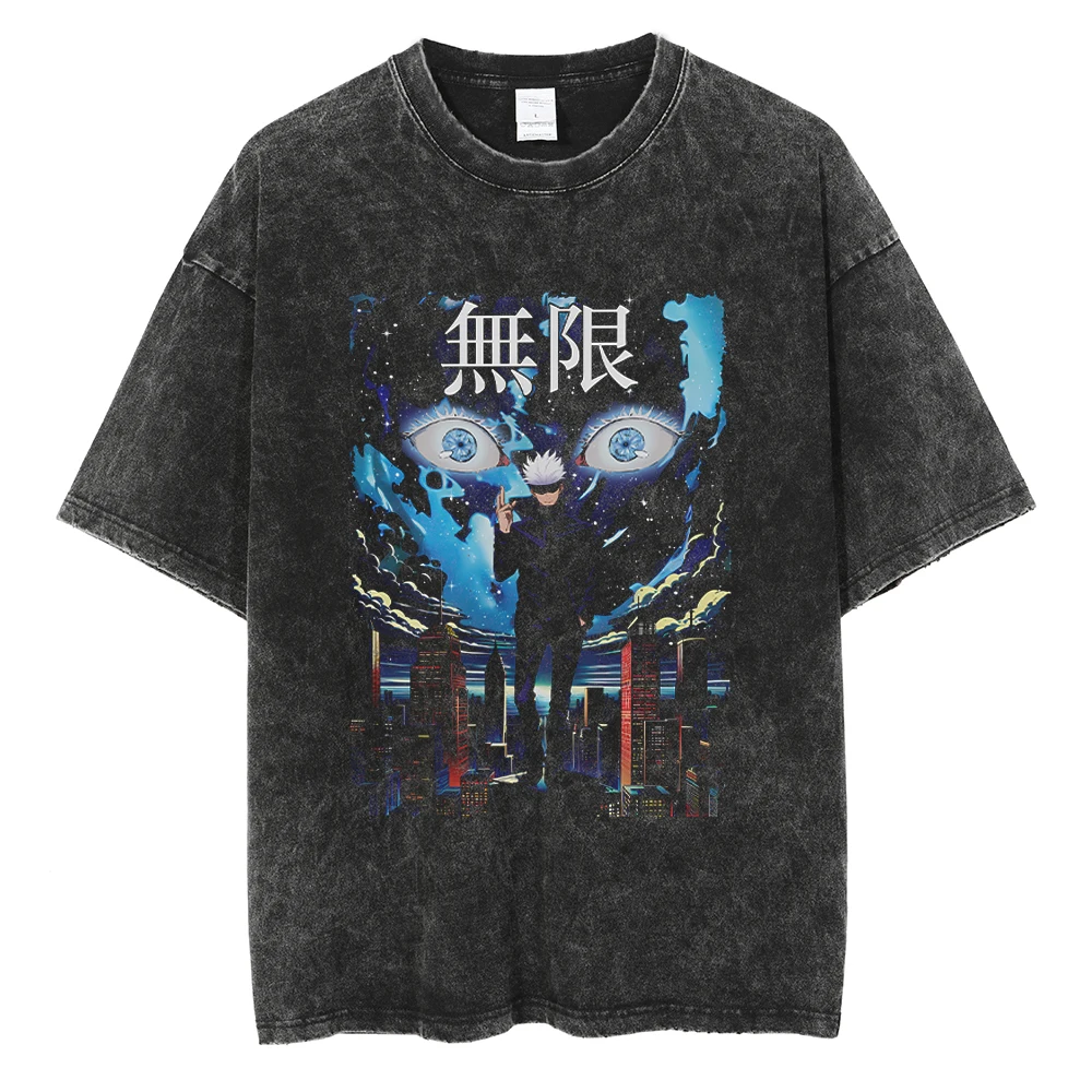 Anime Jujutsu Kaisen Satoru Gojo Print Tee Men Women Tshirts Plus Size Washed Cotton T-shirt Harajuku Male Manga T Shirt