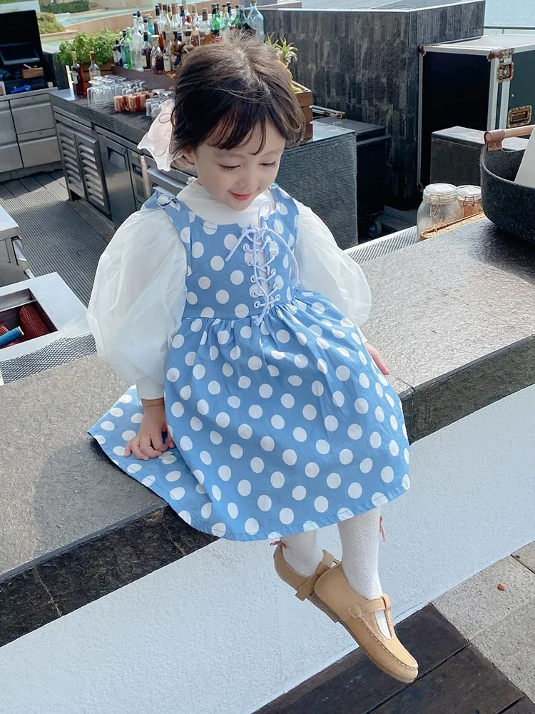garnitur dziewczęcy wiosna nowy koreański styl Polka Dot spódnica z szelkami księżniczka bufiaste rękawy T-shirt dziecięcy dwuczęściowy
