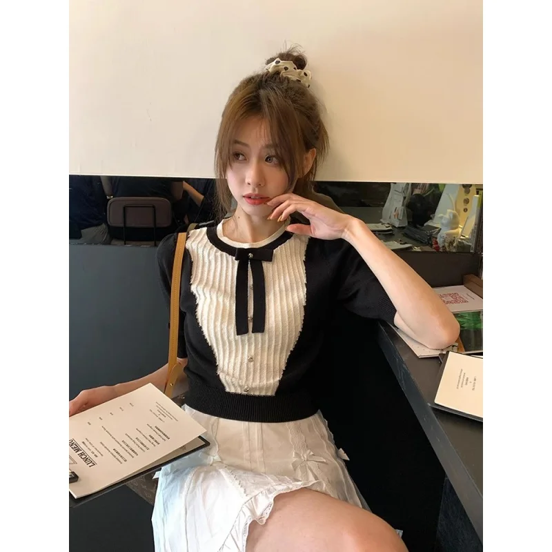

Women's summer bow contrast white lace lace knit shirt