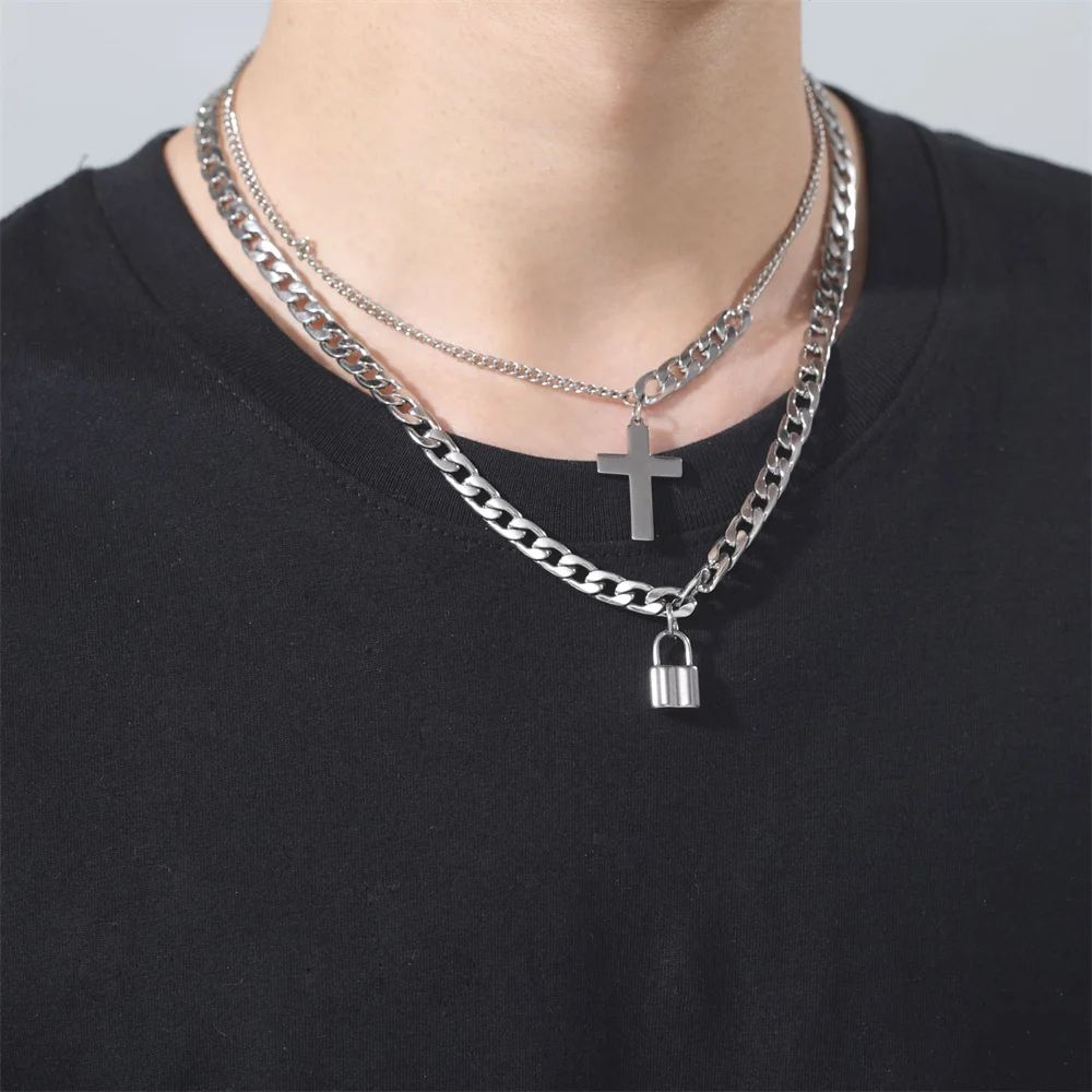 

Layered Chain With Cross Lock Heart Pendant Necklace for Women Men Punk Padlock Multi-layer Choker Necklaces on Neck Jewelry