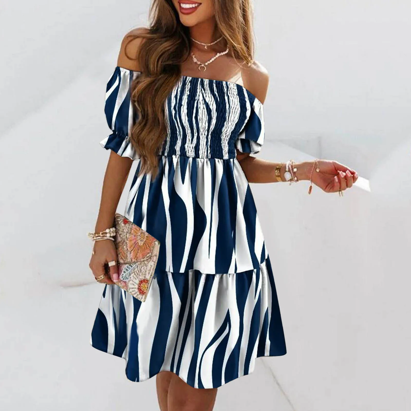 

Summer One Word Collar Dress Women Flowy Off Shoulder Short Sleeve Casual Dresses Sexy Backless Ruffle Hem Elegant Chiffon Dress
