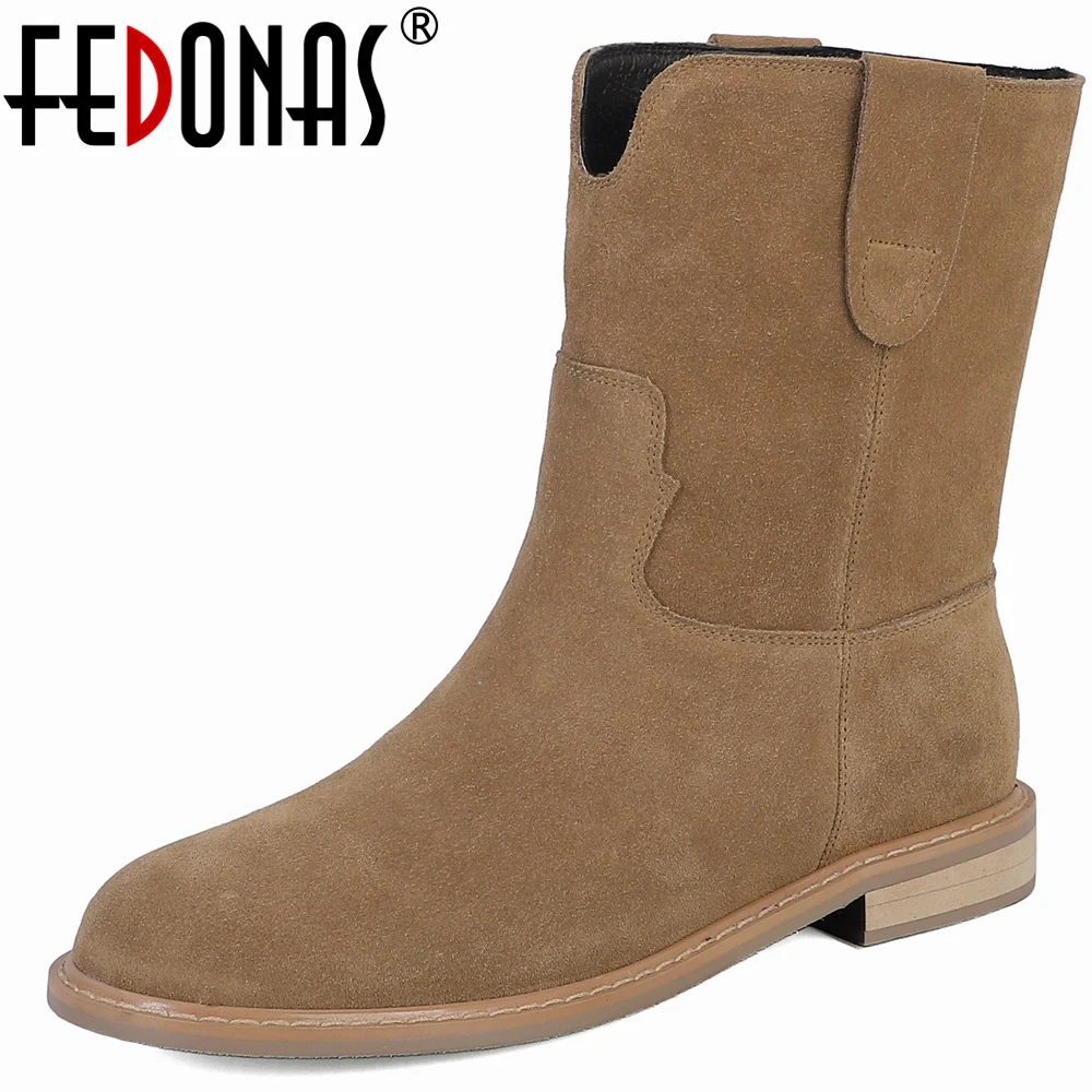

FEDONAS Concise Low Heels Women Ankle Boots Cow Suede Leather Autumn Winter Shoes Woman Round Toe Casual Office Lady Short Boots