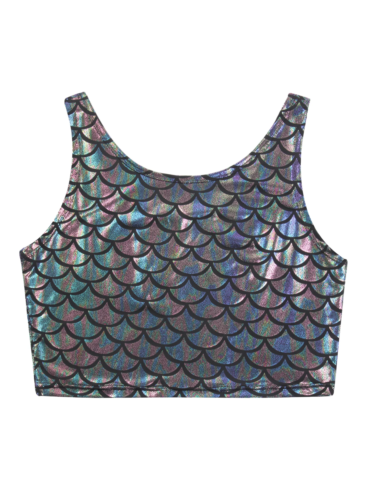 Women Fashion Sleeveless Scoop Neck Tank Camisole Metallic Shiny Fish Scale Print Crop Tops Bustier Club Night Out Vest Tops images - 6