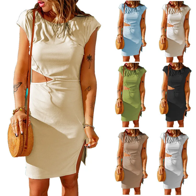 

Dresses Women Slit Cutout Short Sleeve Dress Casual Clothes Hollow Out Boho Dress Vintage Summer Dress Women O-Neck M