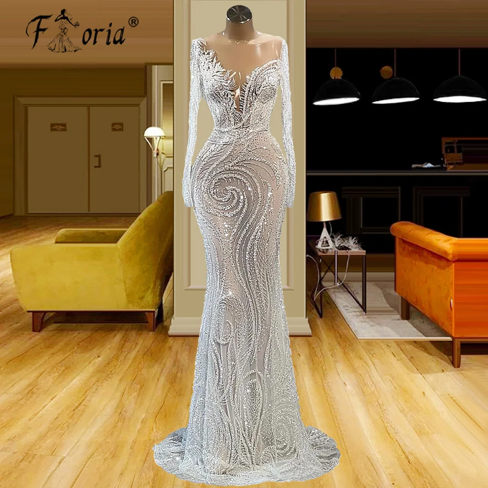 

Illusion Lace Sequins White Mermaid Arabic Evening Dresses Long Sleeves Dubai Beaded Muslim Formal Prom Gown Women Wedding Party