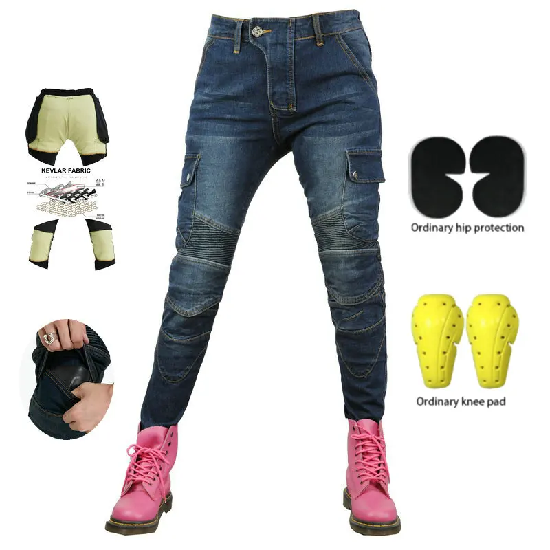 Loong Biker Motorcycle Female Riding Trousers Moto Pants Material Inside Girl's Jeans Wear-Resistant Casual Blue Color With Gear