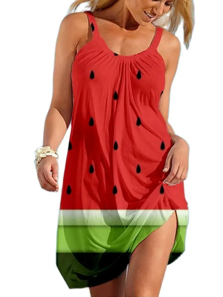 

Женские сексуальные платья без рукавов, платье с 3D-принтом арбуза, женское пляжное мини-платье, свободное удобное платье на бретелях