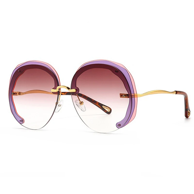

New Gradient Oversize Sun Glasses Female Alloy Cat Eye Shade Unique Multi-storey Rimless Round Sunglasses for Women