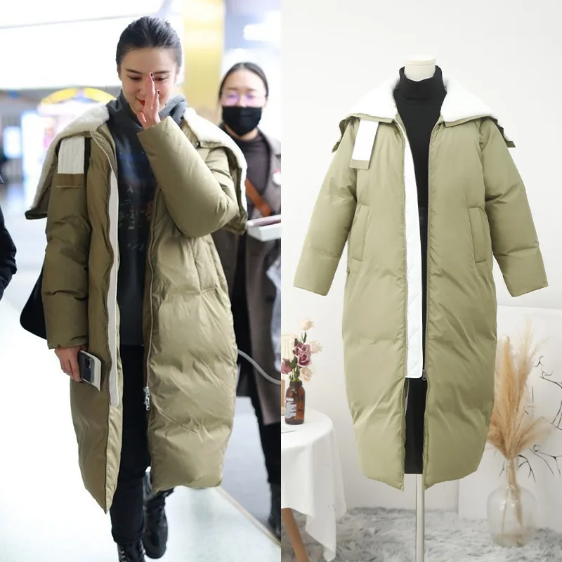 

[Spot] Song Jia the same winter new thick loose over knee lamb hair big lapel long down coat female