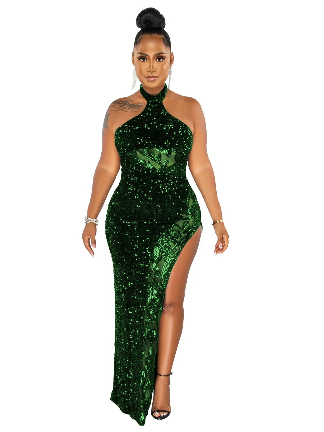 

Sexy Sequin Bodycon Slit Halter Dresses Long Luxury Backless Night Club Outfits Evening Gowns For Women Party Prom Maxi Dress