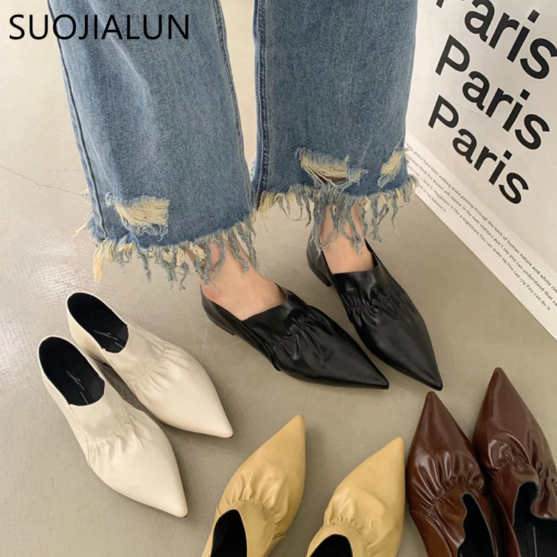 

SUOJIALUN 2023 Spring New Women Flat Shoes Fashion Pleated Pointed Ladies Slip On Loafer Shoes Soft Leather Dress Zapatos Mujer
