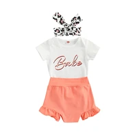3pc newborn summer cotton outfit toddler letter print round neck short sleeve bodysuit solid color shorts leopard print headband