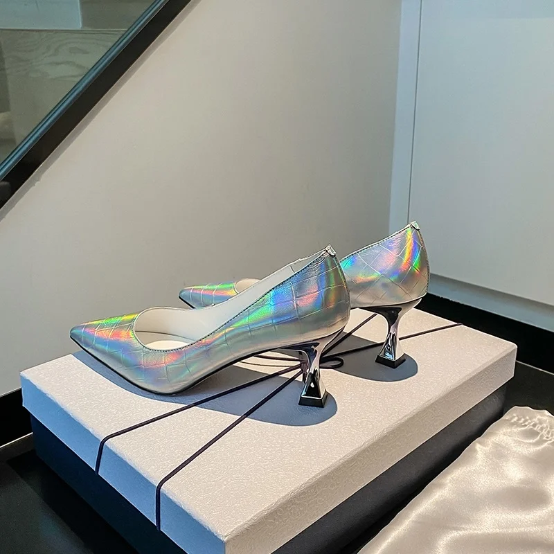 

Dress Party 's Shoes Metal Kitten Heels New Spring Elegant Pointed Toe Pumps Leather Laser Silver Women Shoe tacones