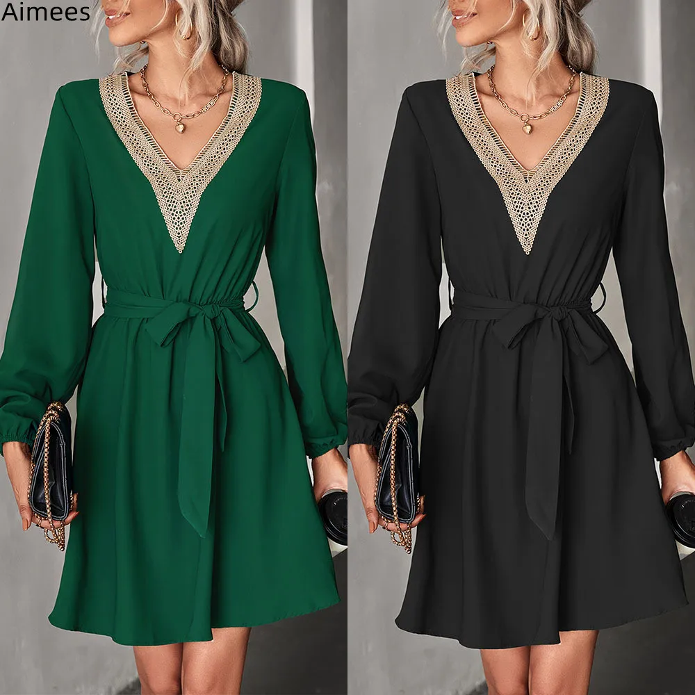 

Женское кружевное платье составного кроя, элегантное однотонное платье с V-образным вырезом и длинным рукавом, осень 2022