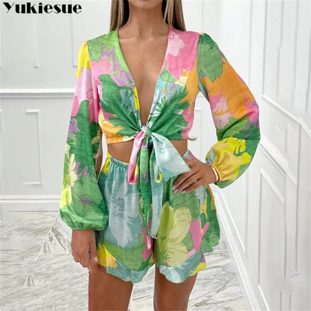 

2022 Female Outfits Deep V Neck Blouses Suits Women Fashion Printed Tie Belt Suit Ladies Elegant Elastic Waist Shorts Suits