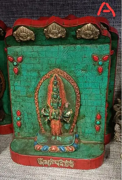 

9" Tibet Budhism Silver Turquoise & Coral Stand White Tra Buddha Thangka Shrine