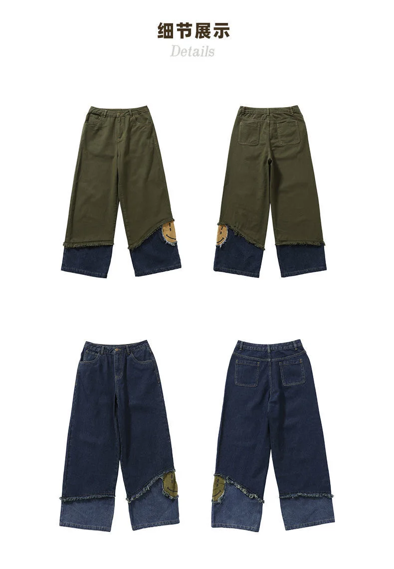 Jeans design sense men and women spring and autumn loose straight stitching design sense retro wide-leg pants hip-hop trousers