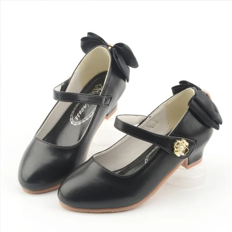 Spring New Girls High-heeled Leather Shoes Black Bowtie Kids Pointed Toe Breathable Wedding Shoe