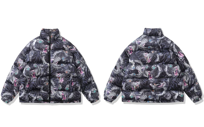 

Jacket Men Warm Winter Thick Parka Streetwear 2023 Tiger Print Reversible Coats Hip Hop Harajuku Fashon Casual Oversized Outdoor
