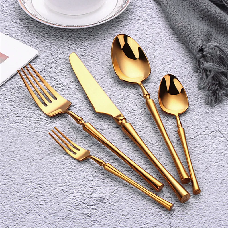 

5pcs Gold Tableware Cutlery Set 304 Stainless Steel Mirror Fork Spoon Knife Christmas Gift DinnerwareSet Lunch Dinner Set