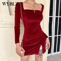 women velvet mini dresses sexy split party dress clubwear long sleeve slim female dress black red bodycon dress soild vestidos