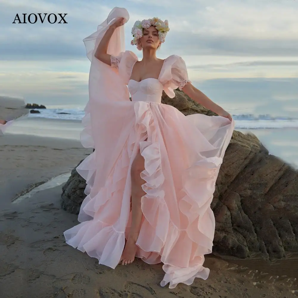 

AIOVOX Pink Prom Dresses Split Side Ruffled Sweetheart Evening Celebrity Gowns Floor Length Short Sleeve Robes De Soirée